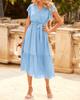 2024 Summer Women's V-neck A-line Midi Pleated Dress with High Waist Belt