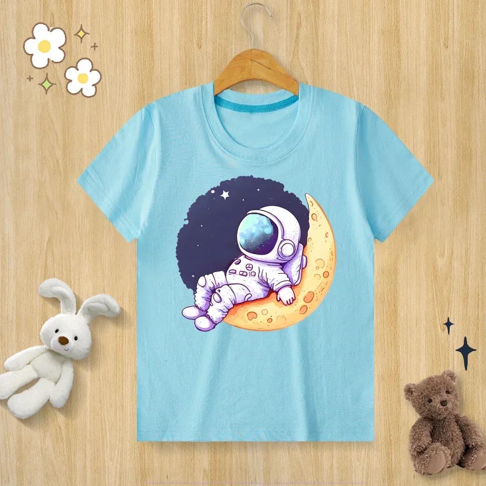 Childrens Astronaut Print Cotton Tshirt Oneck Short Sleeve Kids Clothing Unisex Boys And Girls Sizes Available 100