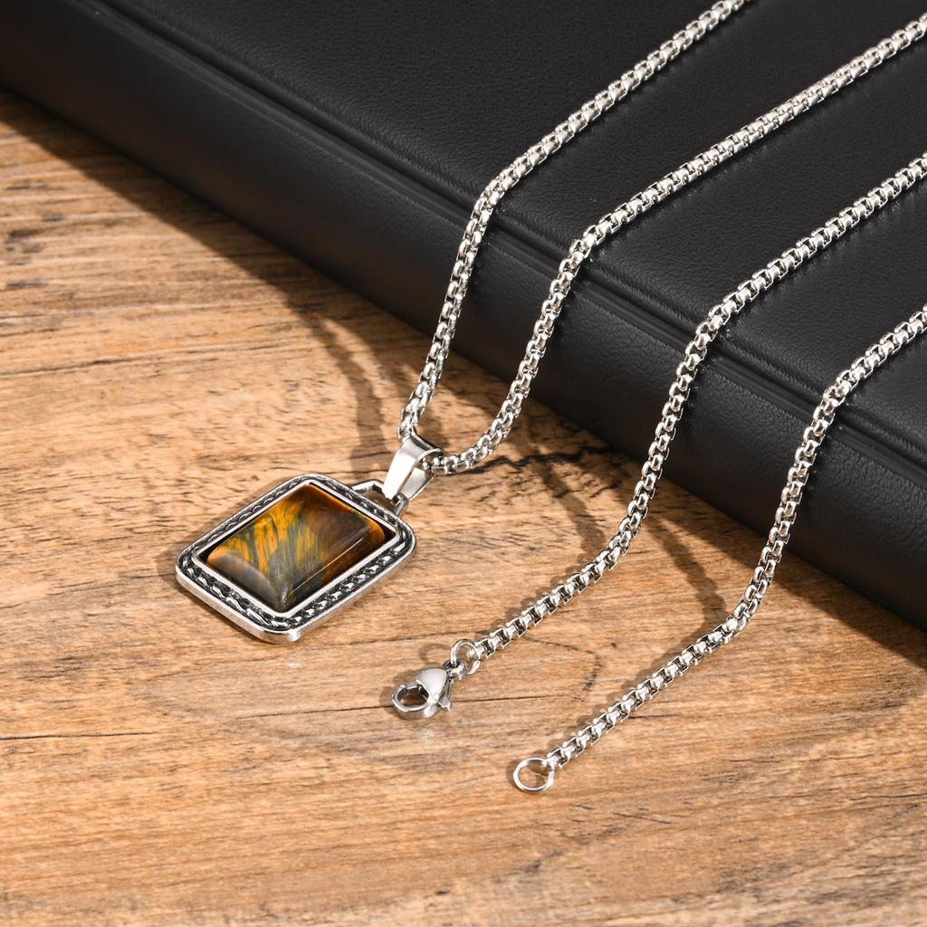 Tiger Eye Stone Pendant Necklaces for Men Boys,Brown Natural Stone Square Pendant Necklaces,Vintage Punk Jewelry Gift