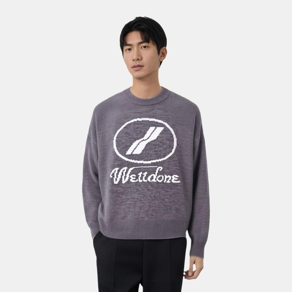 We11Done FW22 Gray Letter Pattern Embroidered Round Neck Pullover Knit Sweater Unisex sweater WD-KO8-20-507-U-GY
