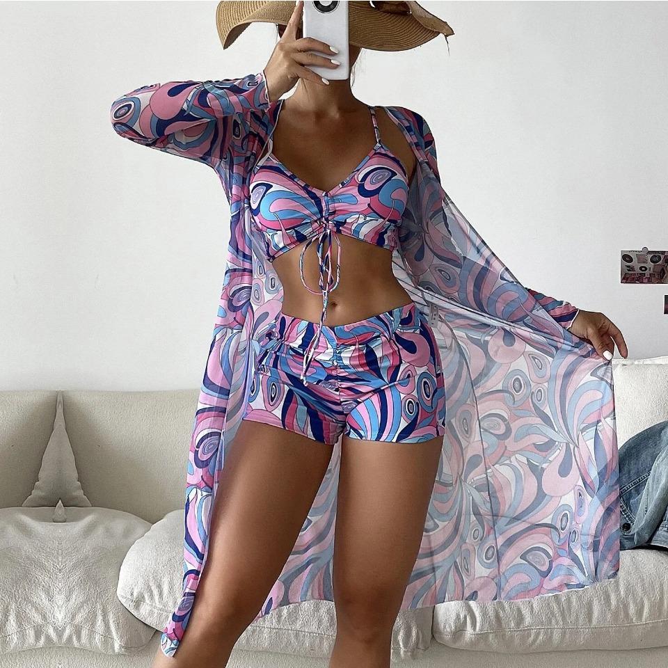 Msfilia Women's Swimsuit Split Three Piece Set High Waist Long Sleeve Ins Overshirt Drawstring Printed Bikini Suits
