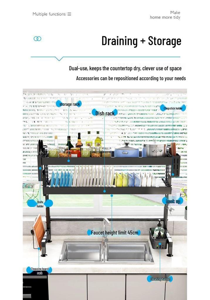 Multi-Functional Kitchen Sink Organizer and Dustproof Dish Rack
