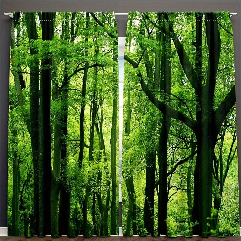 2Pcs Polyester Forest Green Trees Printing Window Curtains Birthday Party Decoration Backdrop Drapes for Living Room