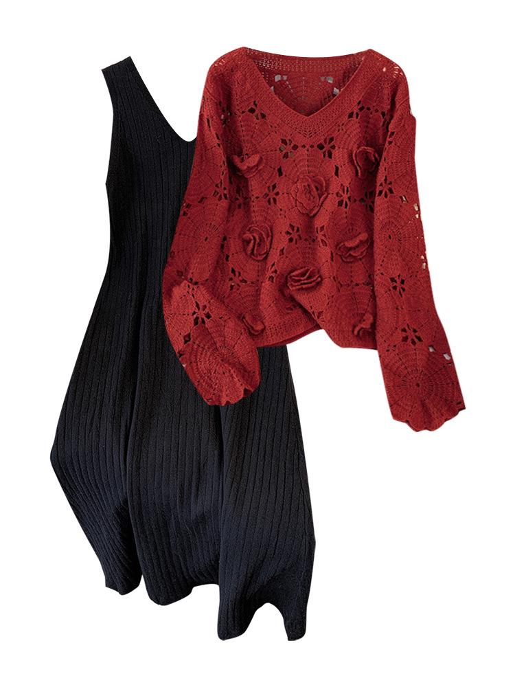 Plus Size Spring Set: Red Knitted Sweater & Dress