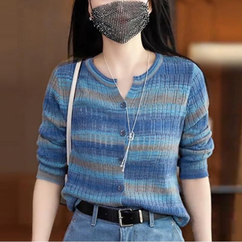 

Модный радужный полосатый кардиган с длинным рукавом, новый осенне-зимний, свободный и тонкий, в стиле ретро, вязаный жакет-свитер, топ one size fits all синий