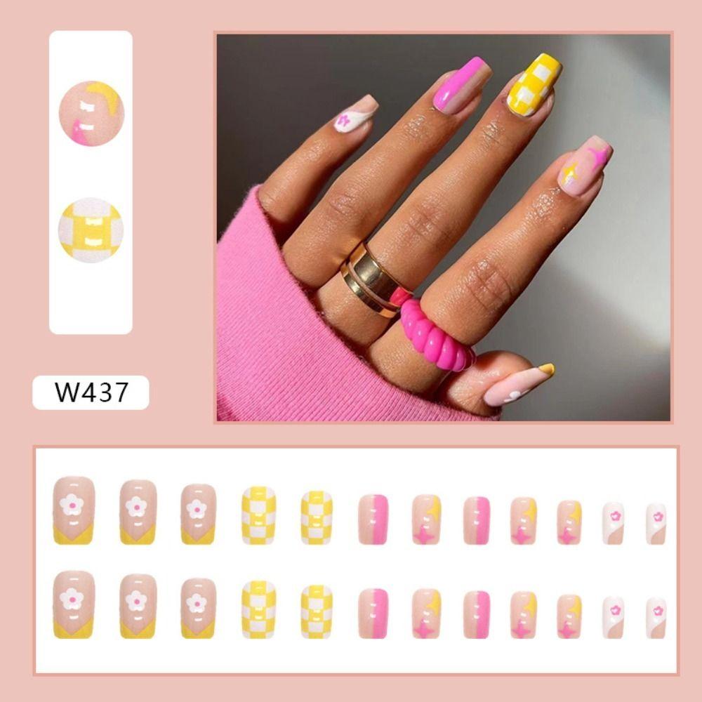 24pcs Nail Tips White Edge Press On Nails Fake Nials False Nails Green Ripple French Long Square