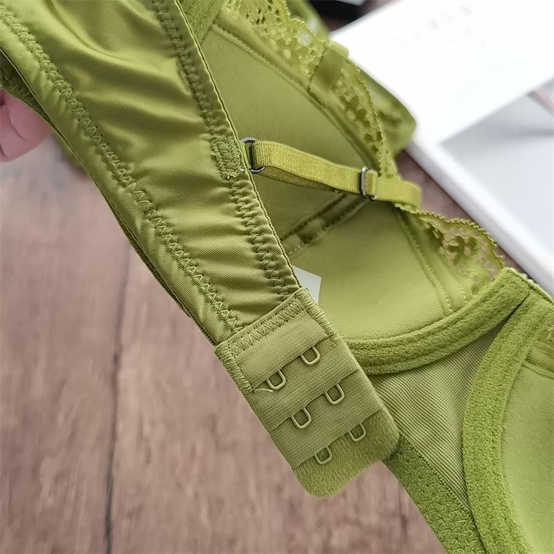 French Lace Embroidery Underwear Sexy Satin Thin Cup Push Up Bra Set Women Romantic Bralette Summer Green Breathable Lingerie