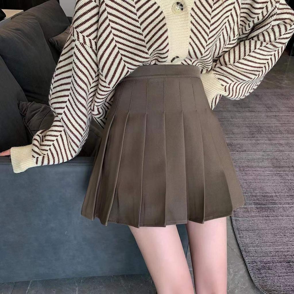High-Waisted Pleated Skirt For Women's Fall Skirt Preppy Solid Color Anti-Slip A-Line Skirt
