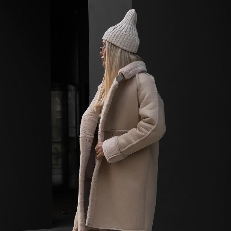 Cappotto in pelle scamosciata con cappuccio retrò alla moda invernale, cardigan lungo, cappotto in peluche a maniche lunghe