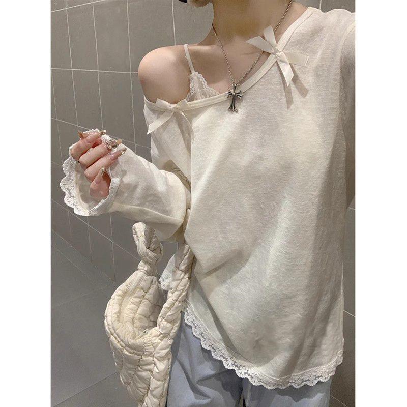 

Women s Bowknot Lace Long Sleeve Sun Protection Top - Summer Korean Style Asymmetrical Neck Loose Cover-Up L