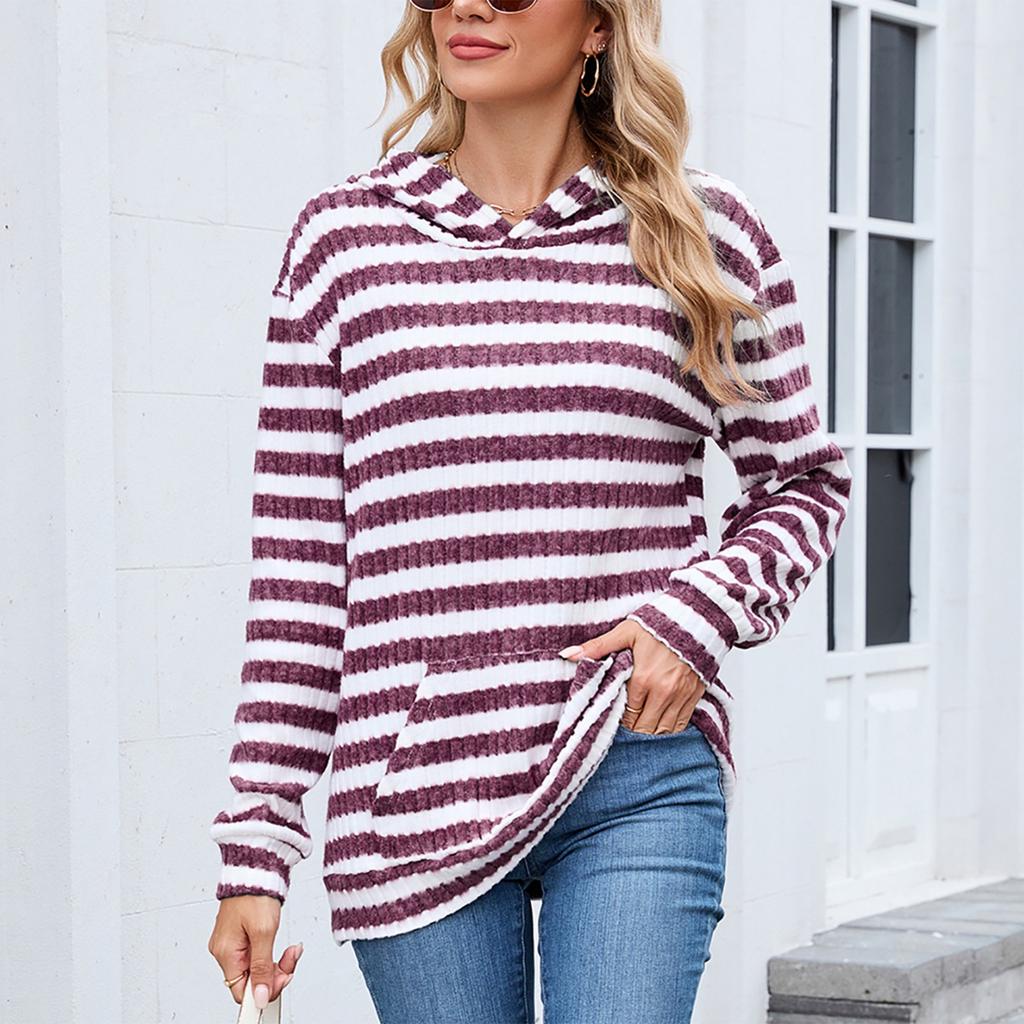 Women's Fashionable Casual Striped Hooded Pocket Loose Long Sleeved Pullover Top