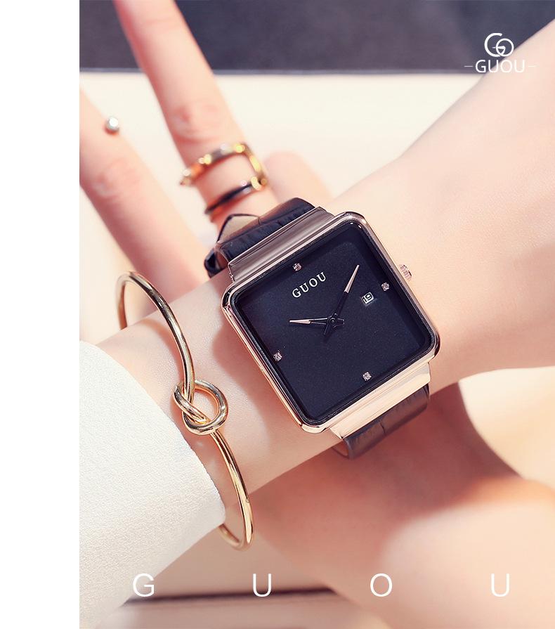 Mode Guou Top-Marke Ultra-dünn Damen Luxus Fortgeschrittenes Geschenk Quadratisch Wasserdicht Kalender Echtes Leder Armbanduhren