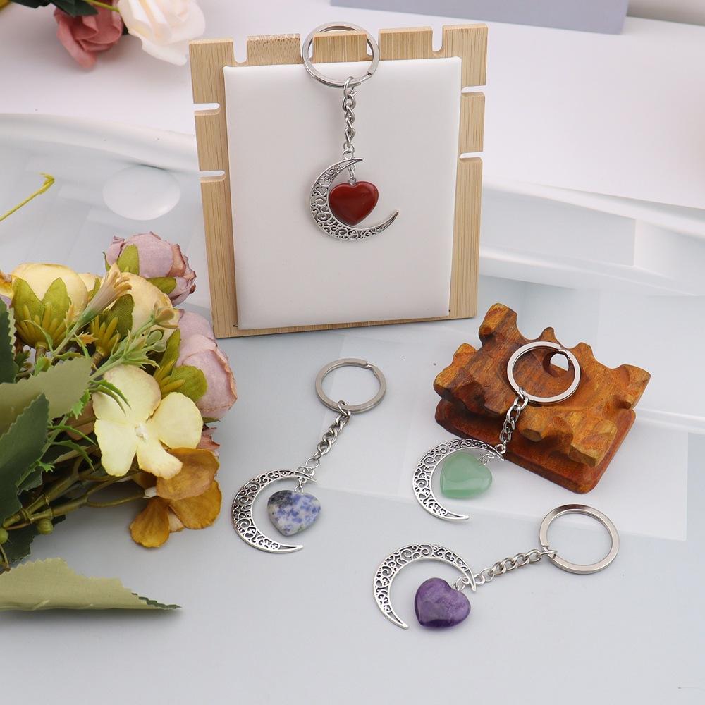 Natural Crystal Stone Love Moon Handmade Winding Pendant Keychain Bag Pendant Love Keyring K69