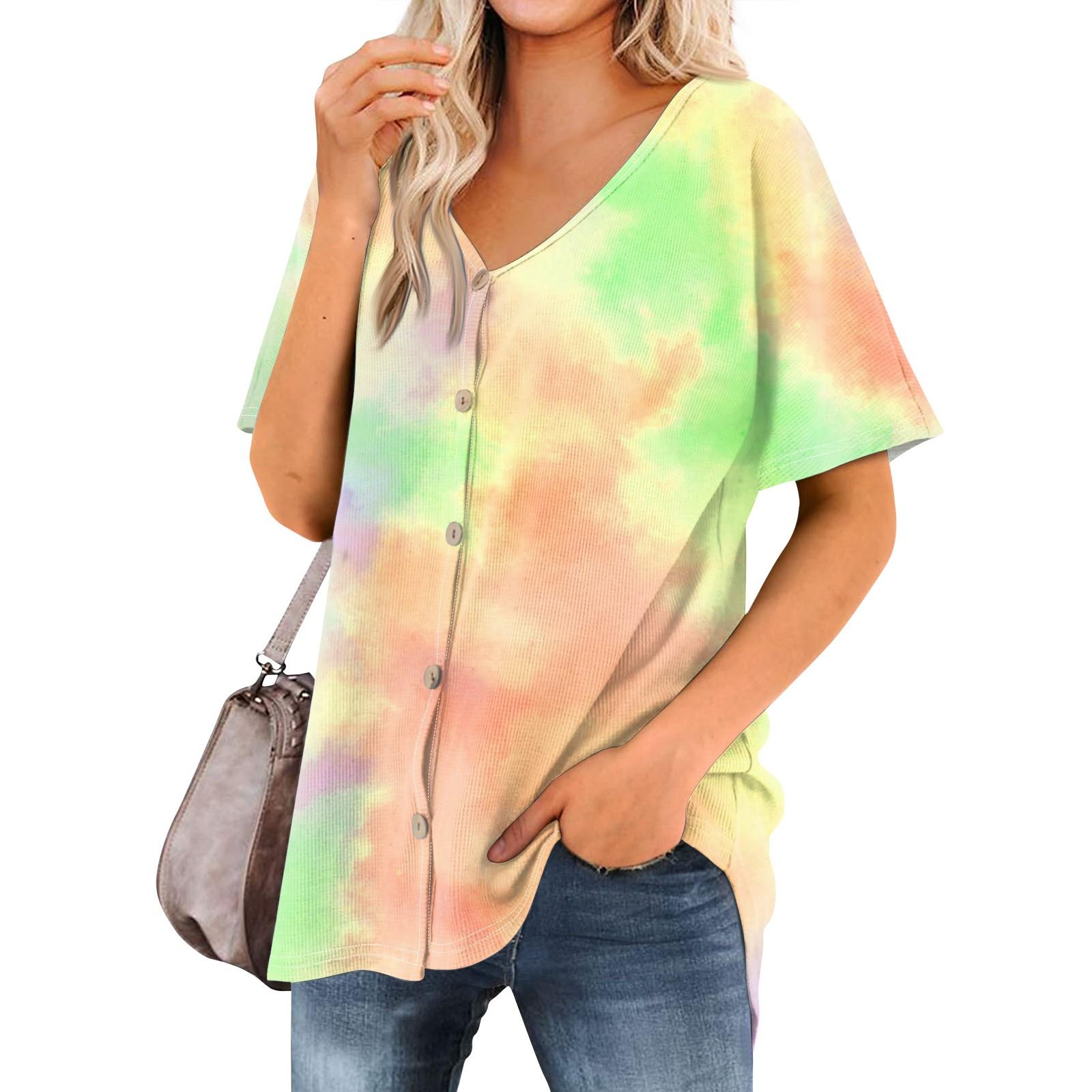 

Женская футболка Футболка с принтом Женские рубашки V-образный вырез с короткими рукавами Туника на пуговицах Топы Блузка XXL золотой