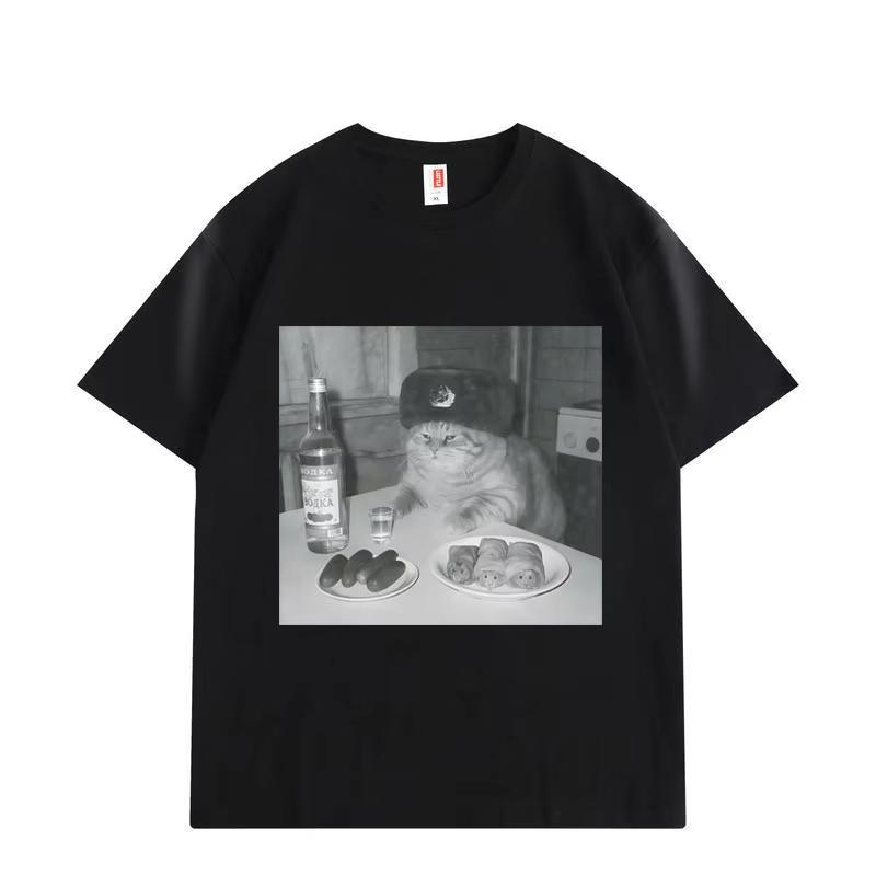 Funny Drunk Feline Meme Graphic T Shirts Unisex Fashion Vintage Short Sleeve Tshirts Summer Casual Loose Tshirt