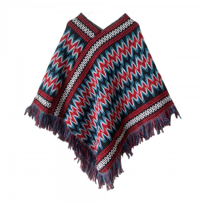 Poncho a maglia stile etnico da donna con nappe, caldo, invernale, con cappuccio, mantello, cardigan