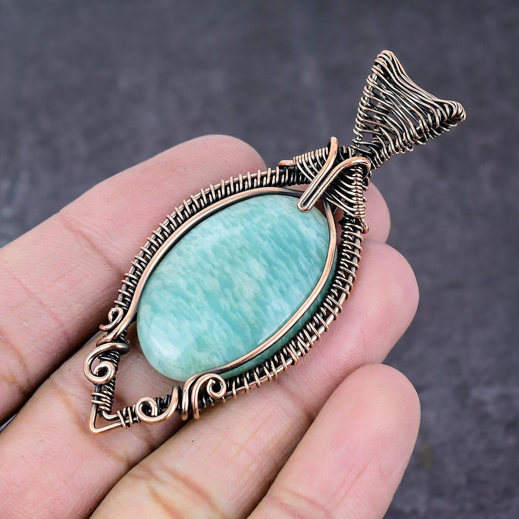 Natürlicher Amazonit Edelstein Handgefertigter Kupferdraht Wickel Anhänger Schmuck 2,95" q8U81