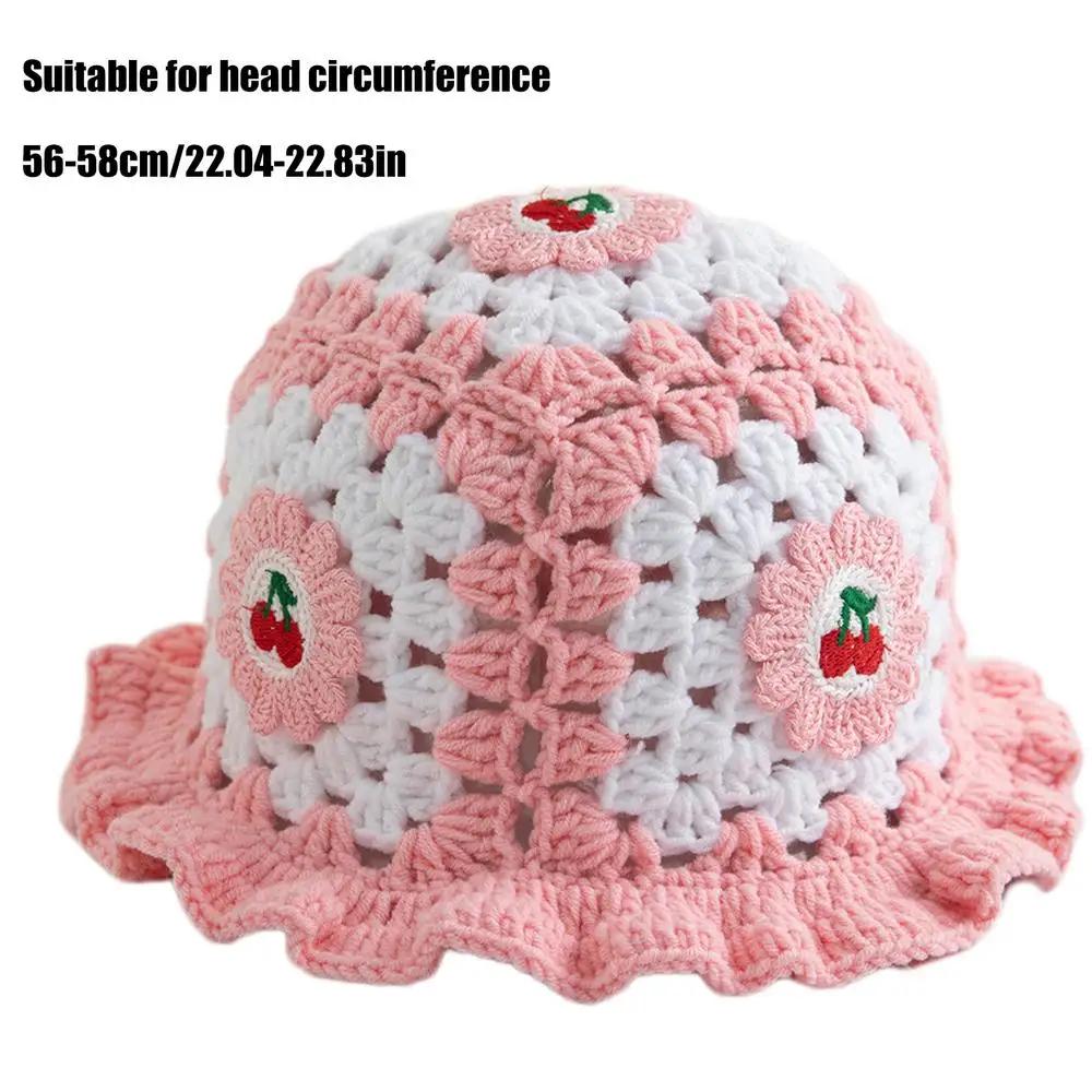 Кепка-панама с клубникой Женские вязаные шапки Модная вязаная крючком шляпа от солнца Вязаная рыбацкая шляпа Дышащая вязаная панама для женщин