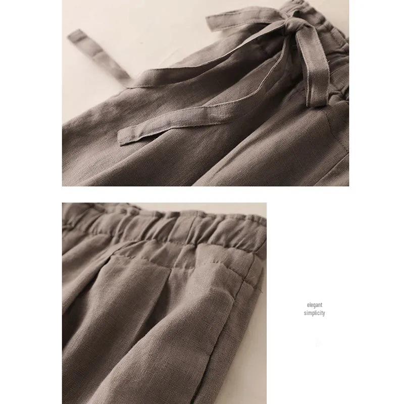 Women's High-Waist Cotton-Linen Wide-Leg Pants - Summer Casual Retro Style with Side Tie