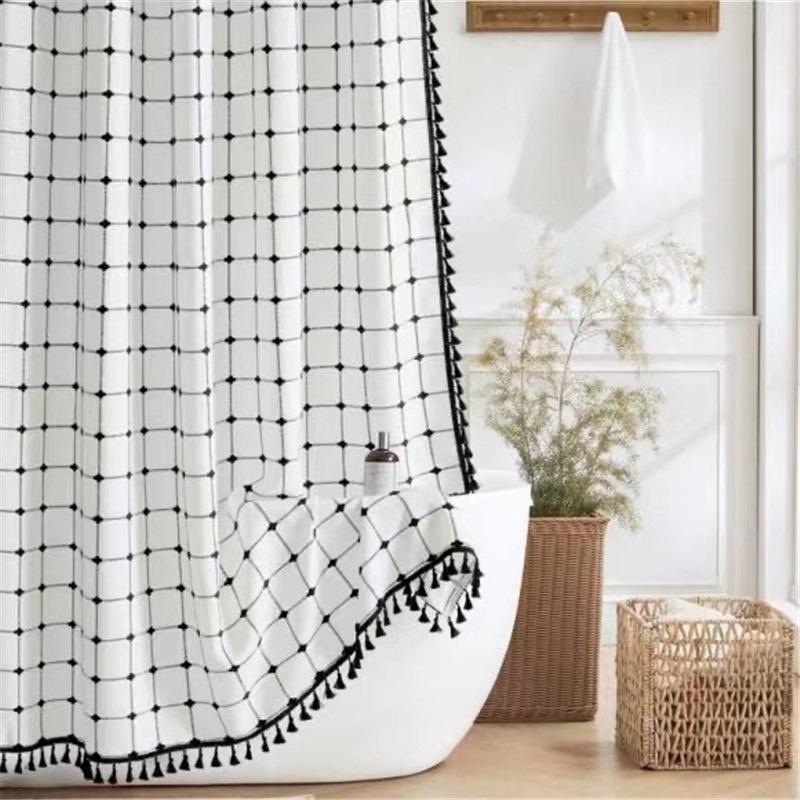 Kostkovaný Střapec Sprchový Závěs Domácí Koupelnová Dělicí Závěs Vodotěsný Jednoduchý Moderní Styl Pro Koupelnu