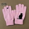 1 Pair Winter Knitted Gloves Thick Plush Solid Color Cat And Bird Printing High Elasticity Windproof Keep Warm Cycling Gloves