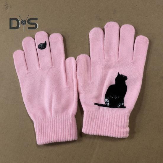 1 Pair Winter Knitted Gloves Thick Plush Solid Color Cat And Bird Printing High Elasticity Windproof Keep Warm Cycling Gloves