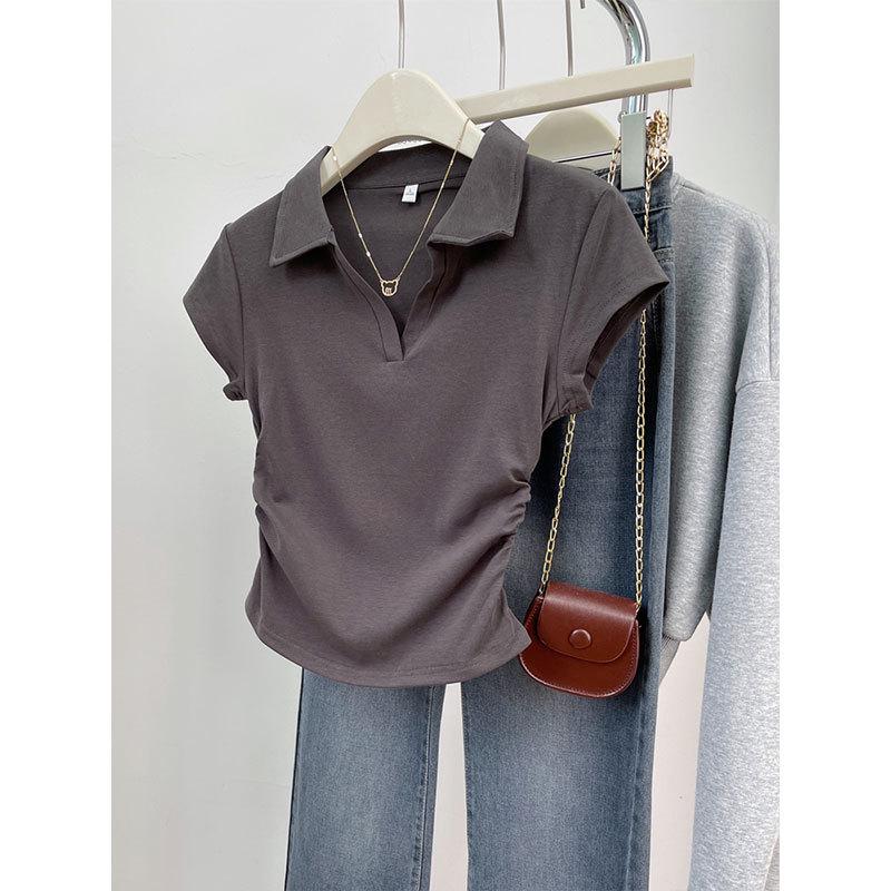 Women's Irregular Pleated Short Sleeve Cotton Polo Shirt