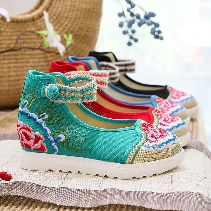 Big white sole, high heels, single shoes, spring mother shoes embroidered cloth shoes women's shoes, ethnic style leisure shoes