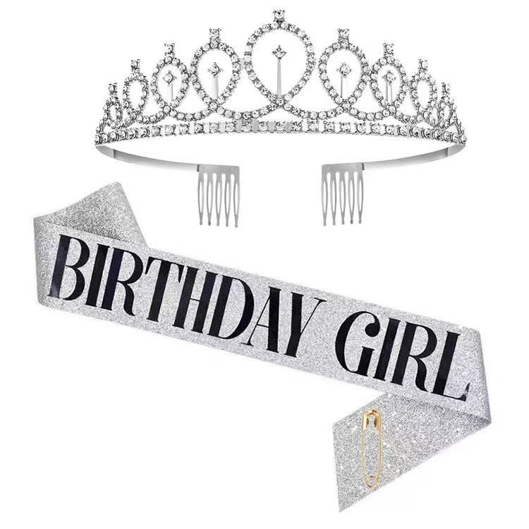 Bling Rhinestone Crystal Crown Tiara Birthday Anniversary Decoration Happy 18 21 30 40 50th Birthday Satin Sash Party Supplies