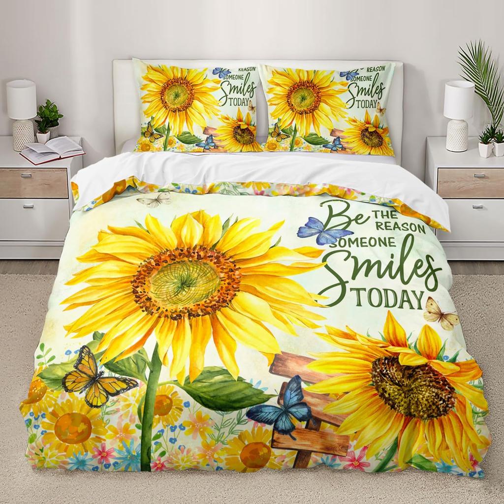 Sunflower Duvet Cover Set Queen Size Butterfly Comforter Set Retro Yellow Flower Quilt Cover 3 Piece Set With 2 Pillowcases