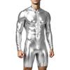 Mens Metallic Shiny Swimwear Bodysuit Mock Neck Long Sleeve Short Bottoms One Piece Dance Jumpsuit