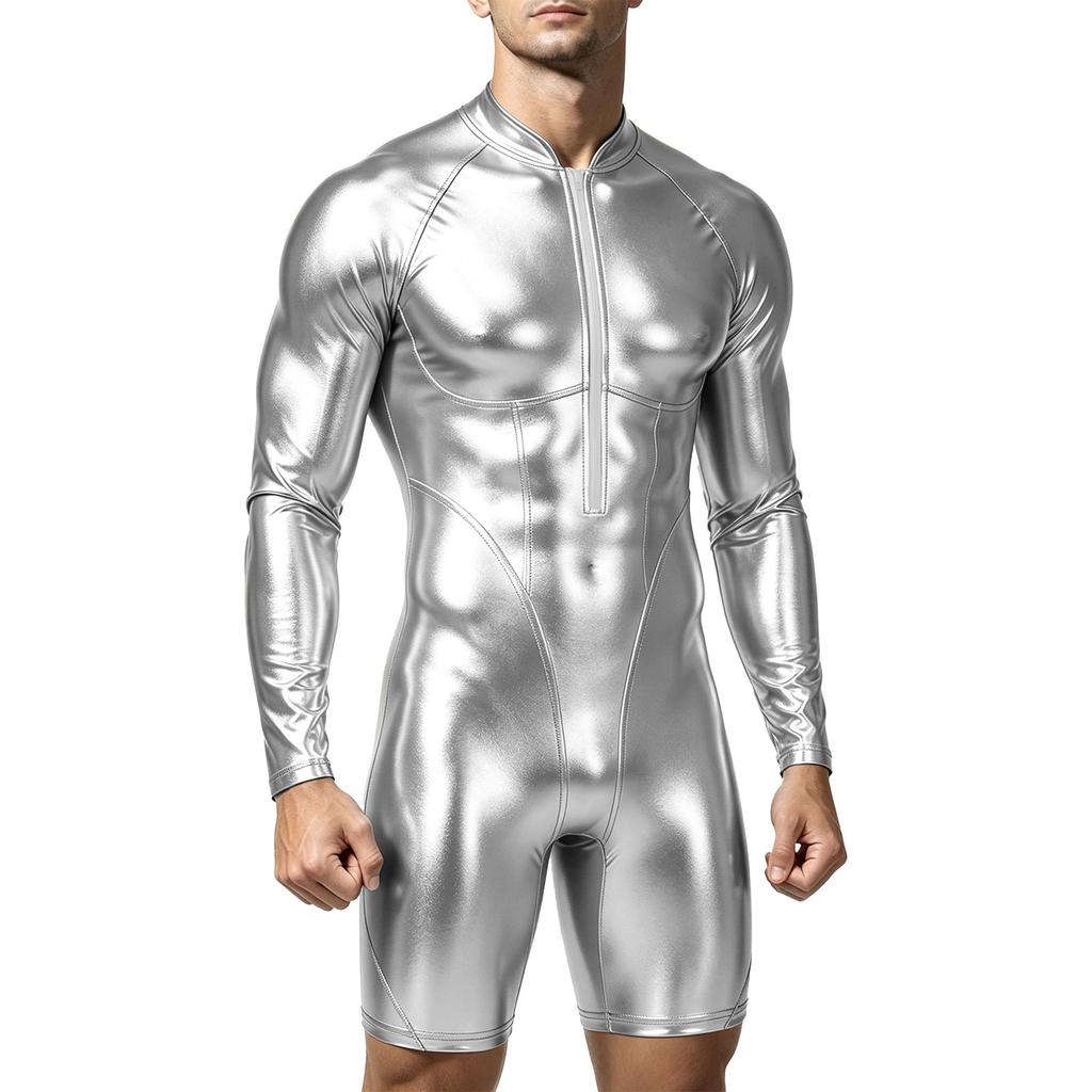 Mens Metallic Shiny Swimwear Bodysuit Mock Neck Long Sleeve Short Bottoms One Piece Dance Jumpsuit