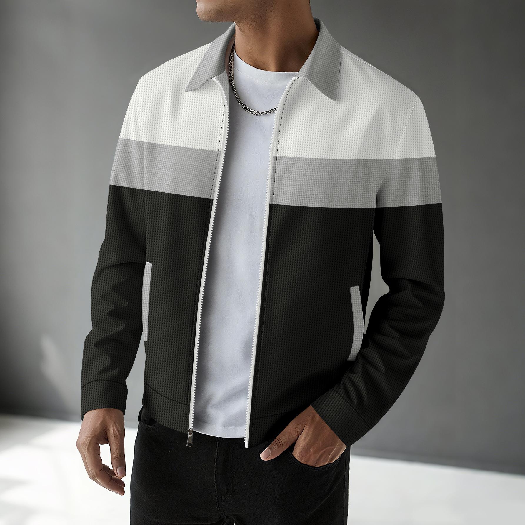 

Spring Autumn Jacket For Men Fashion Patchwork Casual Waffle Turn Down Collar Coat Man XL сірий