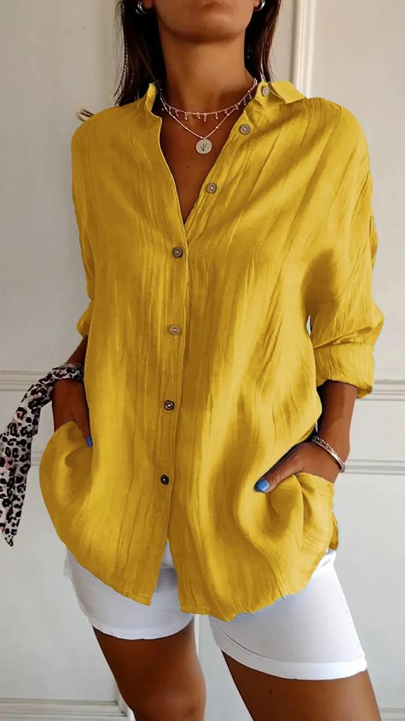 VEZFAA Women's Fashion Casual Spring Autumn Solid Color Print Long Sleeve POLO Neck Blouses & Shirts