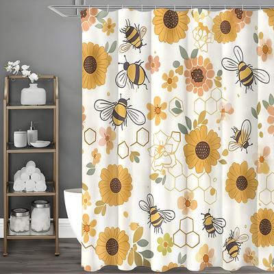 Yellow Floral Bee Shower Curtain, Bathroom Decorative Shower Curtain, Waterproof Shower Curtain with Hooks