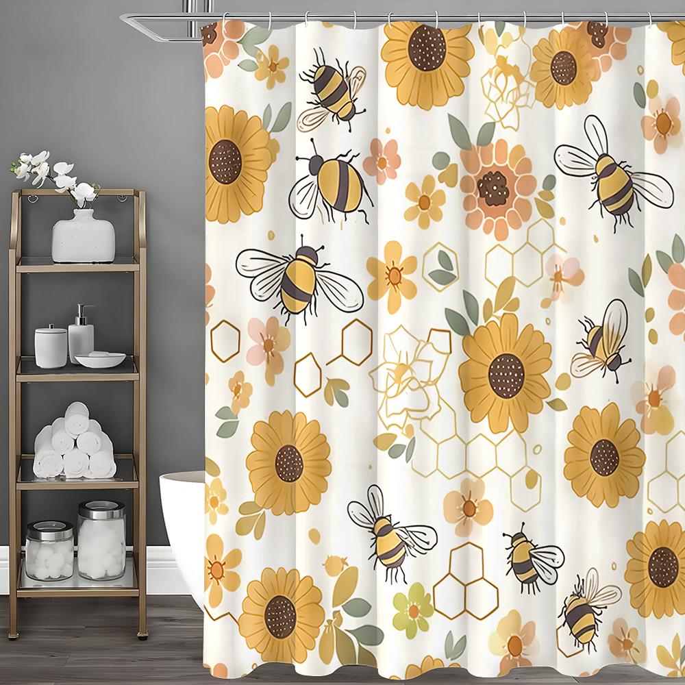 

Yellow Floral Bee Shower Curtain, Bathroom Decorative Shower Curtain, Waterproof Shower Curtain with Hooks 90*180cm