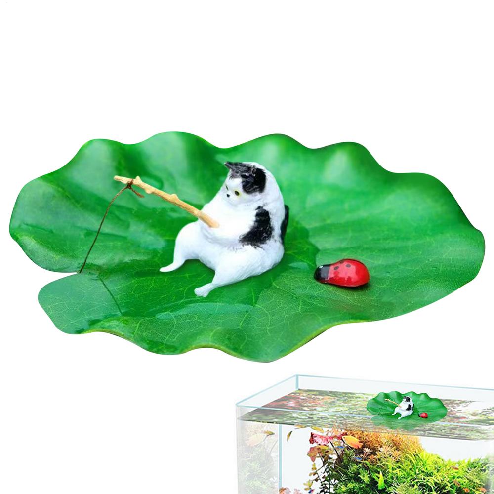Cat Fishing Aquarium Model Decoration Cat Fishing On Floating Lily Pad Betta Fish Tank Decor Model For Garden Pond Fish Tank