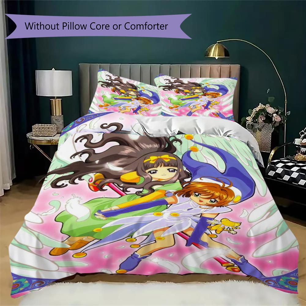 Cardcaptor Sakura Pattern Bedding uilt Set uilt Cover Pillowcase Home Decoration Birthday Gift (1 * duvet cover + 2 * pillowcase without core)