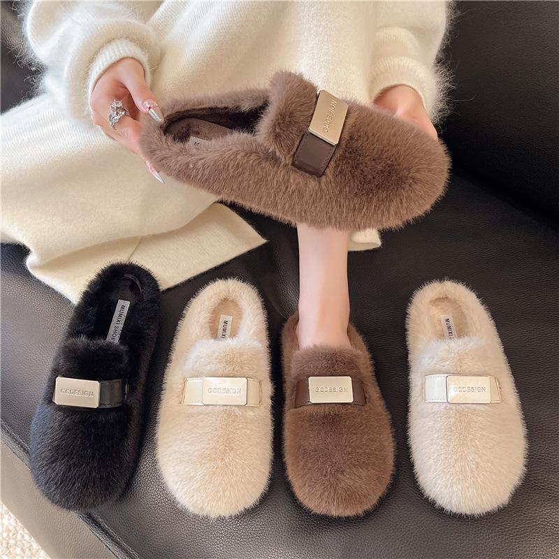 Internet Celebrity Mao Mao Slippers Women's Shoes 2025 Autumn and Winter New Wear Lazy Flat Bottom One Pedal Bag Head Cotton Slippers
