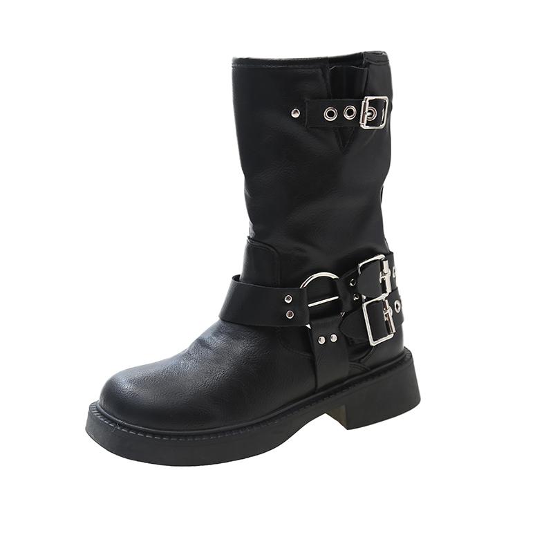 Women's Rivet Designer Thick-soled Short Leather Boots Low Heel Black Buckle New Style Punk Short Boots