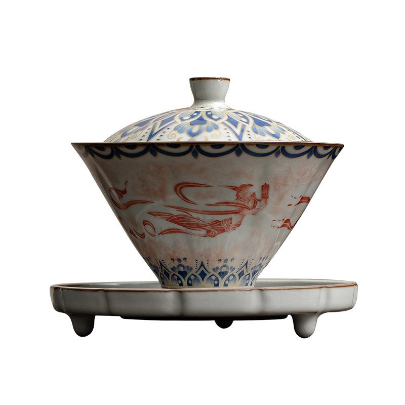 

150ml Chinese Dunhuang Apsaras Pattern Gaiwan Creative Ru Kiln Bamboo Hat Tea Tureen Tea Brewing Cover Bowl Cafes Ornaments 200ml
