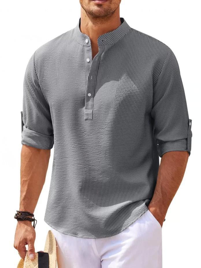 

Men s Casual Stand Collar Plaid Shirt with Pineapple Print, Long and Short Sleeve Options (2026) S темно-серого