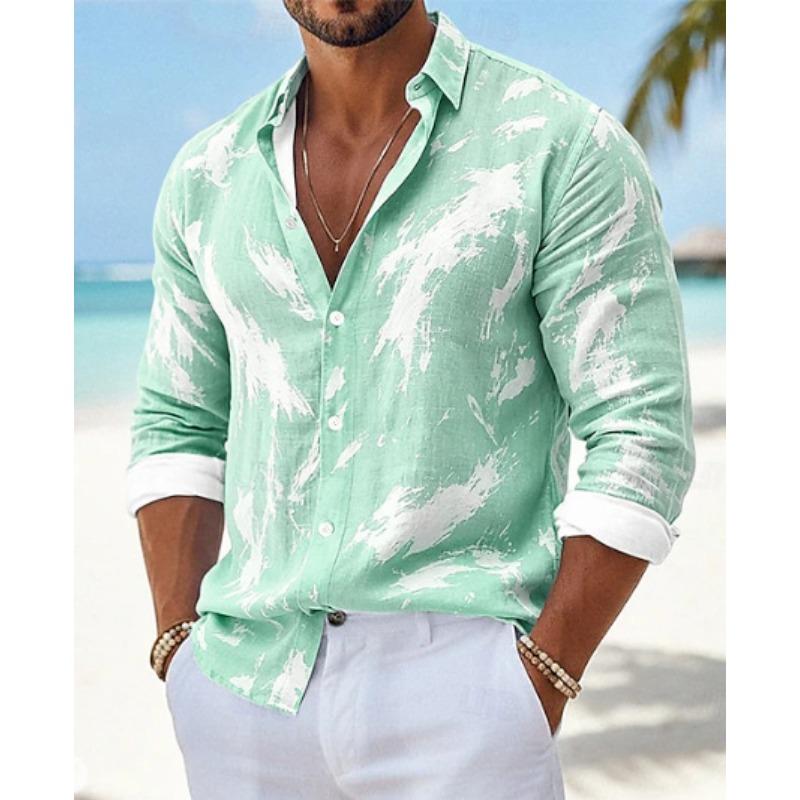 Men Loose Abstract Print Turn Down Collar Long Sleeve Casual Shirt