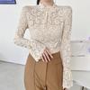 Frühling Herbst Neues Spitzen Unterhemd Neues Durchsichtiges Langarm Innen Hohl Aus Stehkragen Schlanke Bluse Elegante Süße Einfarbige Oberteile