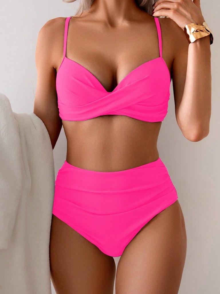 New Multi-color Printed Split Solid Color Gathering High-waisted Bikini Swimsuit