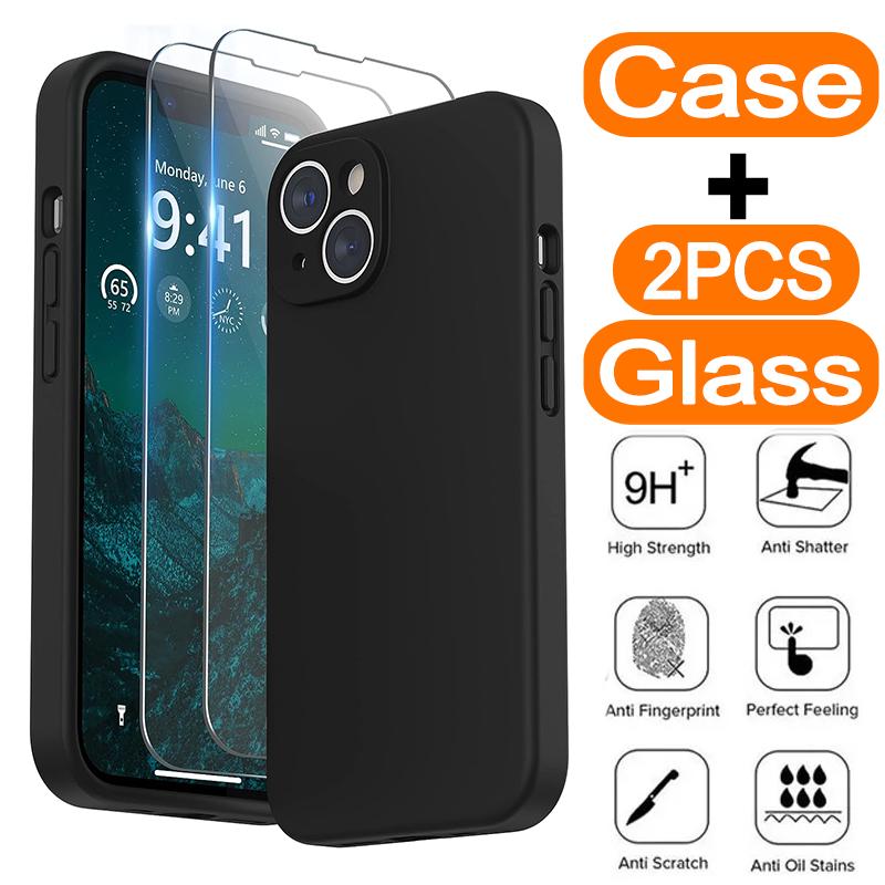 

2 шт. Закаленное стекло и чехол для телефона для iPhone 15 14 13 12 11 Pro Max X XR XS 8 7 6 Plus Мягкий противоударный защитный черный чехол For iphone 12 Mini&Case & Screen Protector