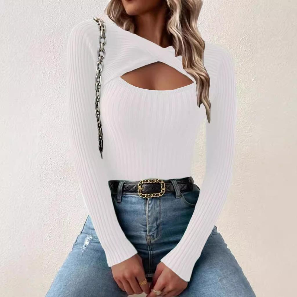 Women Elegant All-Season Ribbed Knit Sweater – Comfortable Crew Neck with Chic Cut-Out Detail, High-Stretch Polyester