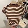 Semi-turtleneck striped wool knitted sweater flying sleeves slim-fitting top small shirt women's 1116 spring and summer short-sleeved bottoming shirt