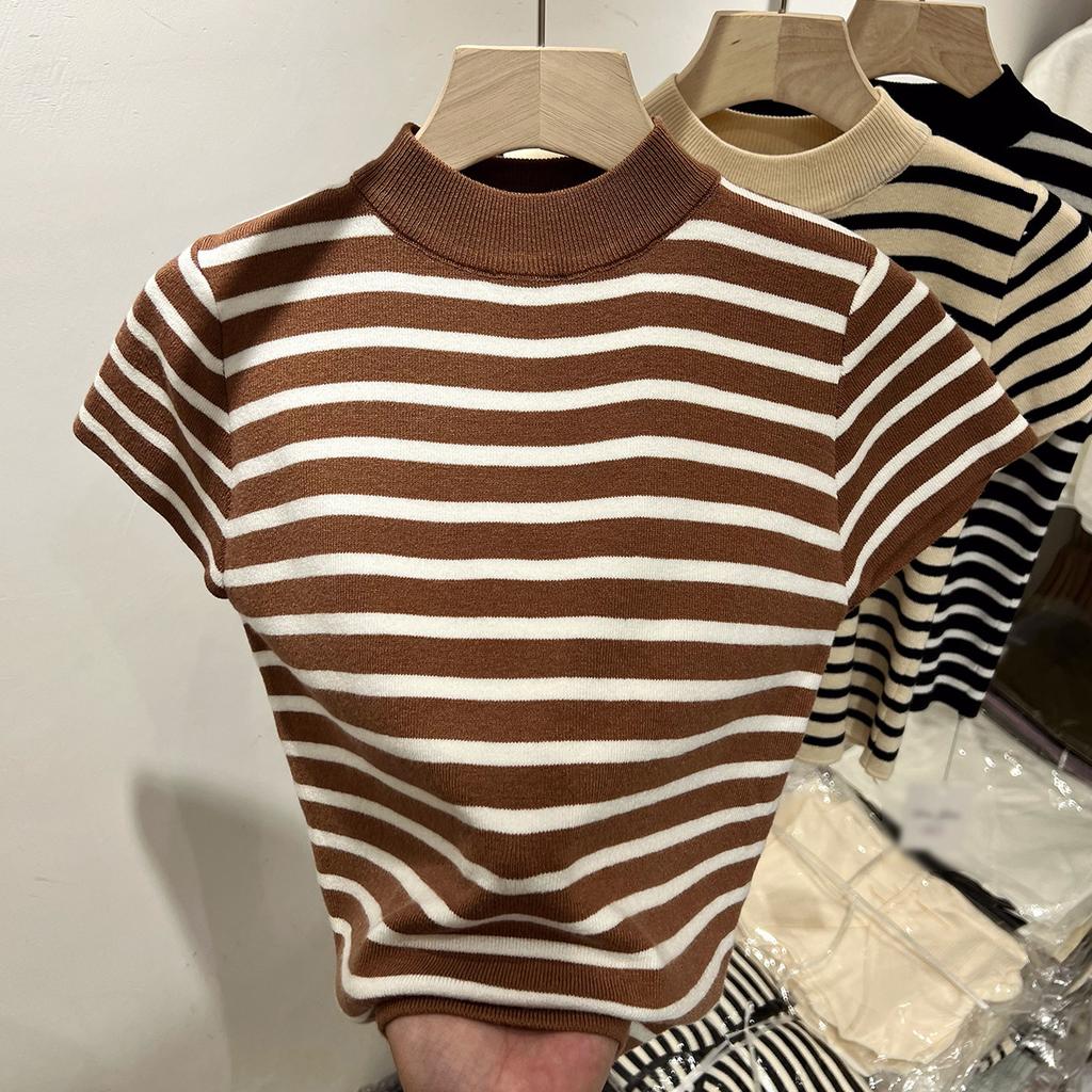 Semi-turtleneck striped wool knitted sweater flying sleeves slim-fitting top small shirt women's 1116 spring and summer short-sleeved bottoming shirt