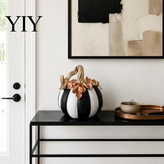 Fall Party Atmosphere Props Black And White Striped Pumpkin Ornament, Retro Style Resin Hand Painted Decor Tabletop Centerpiece, Halloween Ornament